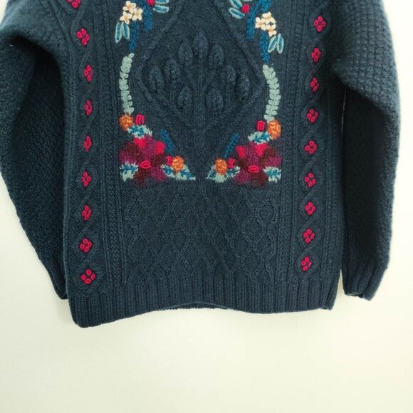 L.L. Bean Vintage Intarsia Floral Embroidered Teal Cable Wool Sweater Medium - Picture 4 of 8